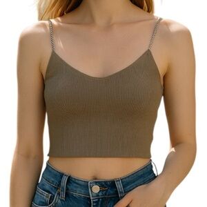 Debut NWOT Rhinestone Spaghetti Strap Taupe Fitted Crop Ribbed Knit Cami Top S/M